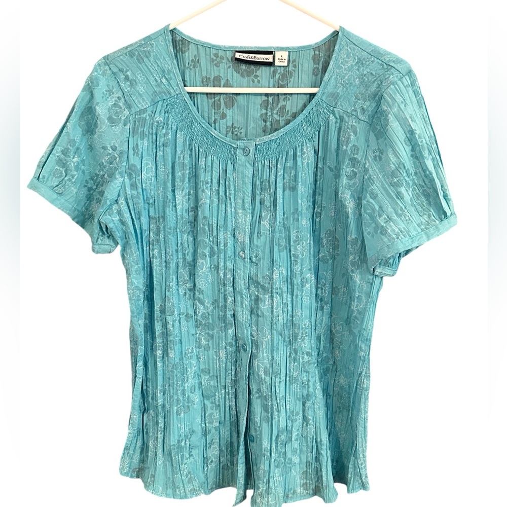 Croft & Barrow Floral Bohemian Buttondown Turquoise Sz L Sheer Gauzy Disco